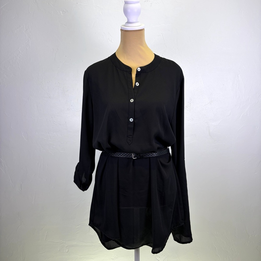 About A Girl Woman's Long Sleeve Belted Blouse Size L Black Sheer Classic Staple